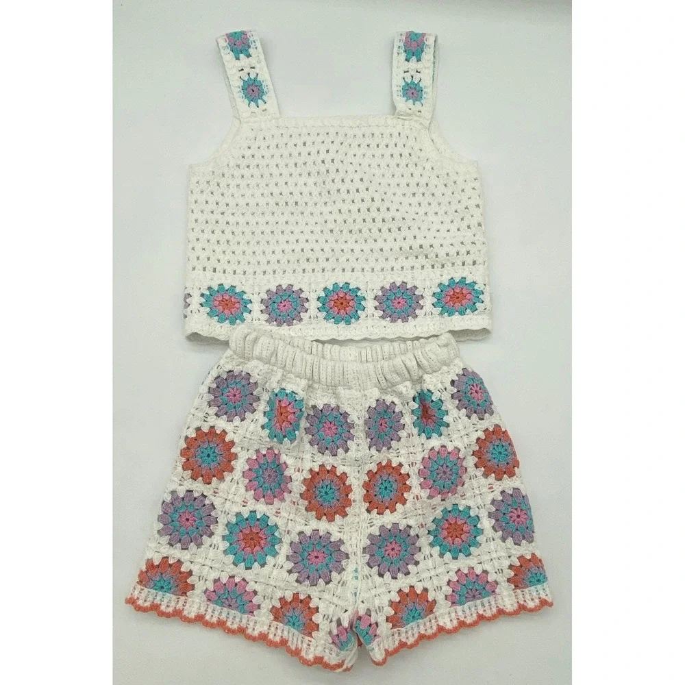 btween Kids White Floral Crochet Granny Square Tank Top and Shorts Set 4T - Picture 1 of 7
